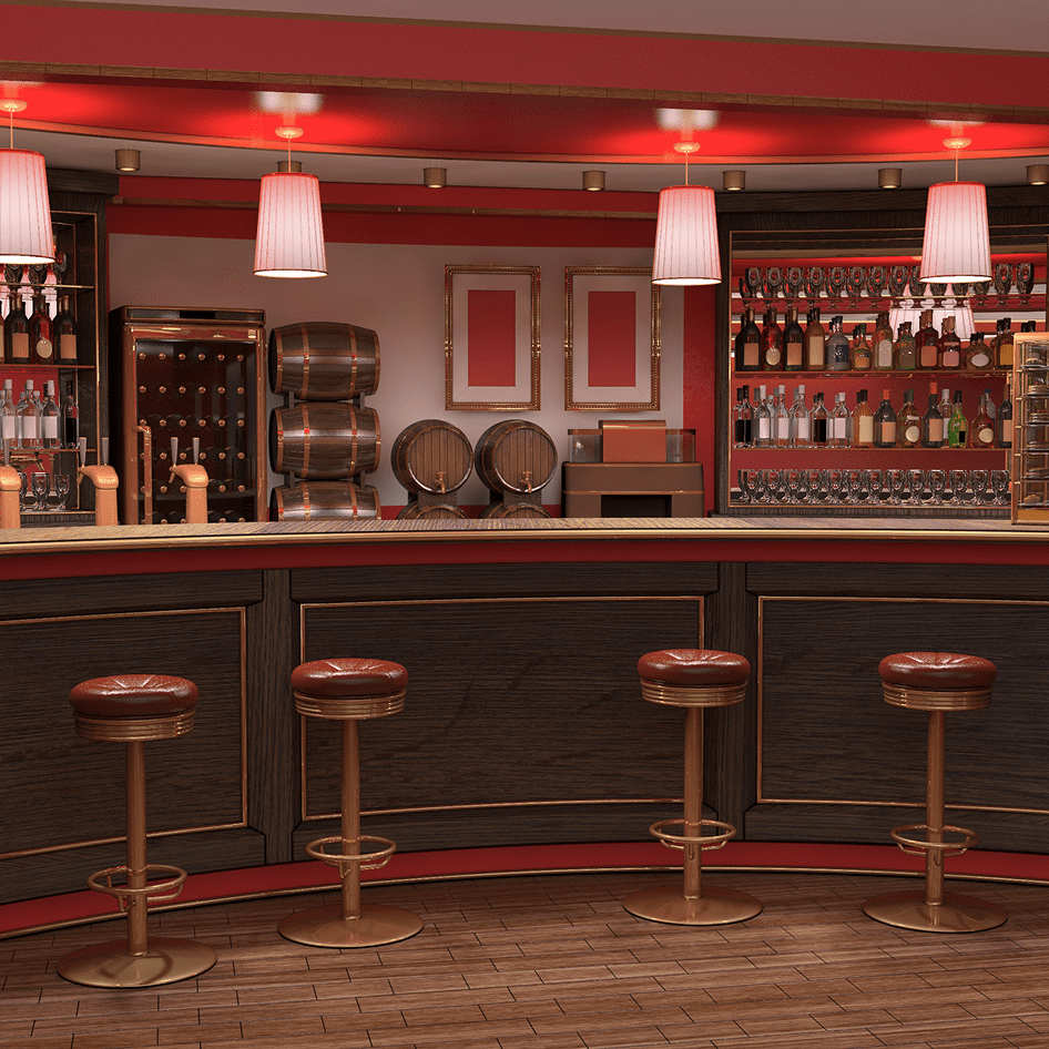 Empty bar with stools and hanging lights.